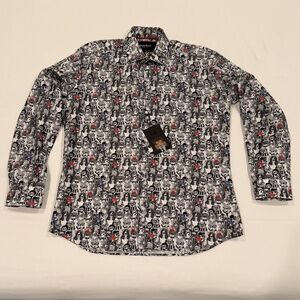 Maceoo Fibonacci Dog Cat Graphic Button Up Shirt Medium NWT